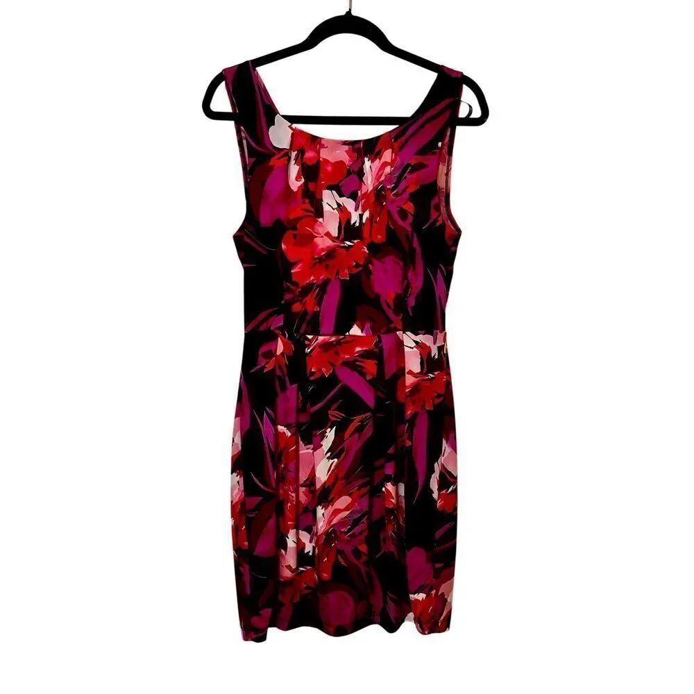 Bisou Bisou by Michele Bohbot Floral Print Shift Dress Sz 10 Pink, Red, Black